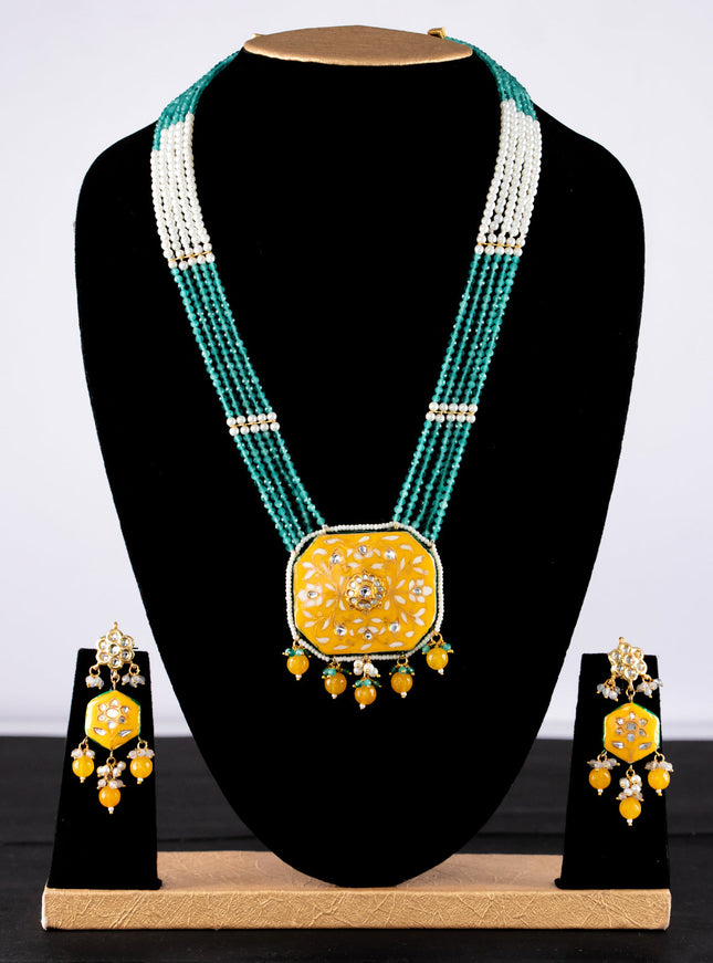 Jaipur crystal beaded teal green mid length necklace with minakari pendant and hangings