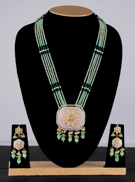 Jaipur crystal beaded light green mid length necklace with minakari pendant and hangings