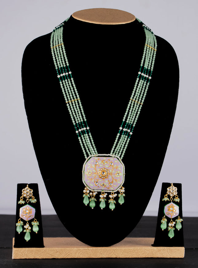 Jaipur crystal beaded light green mid length necklace with minakari pendant and hangings