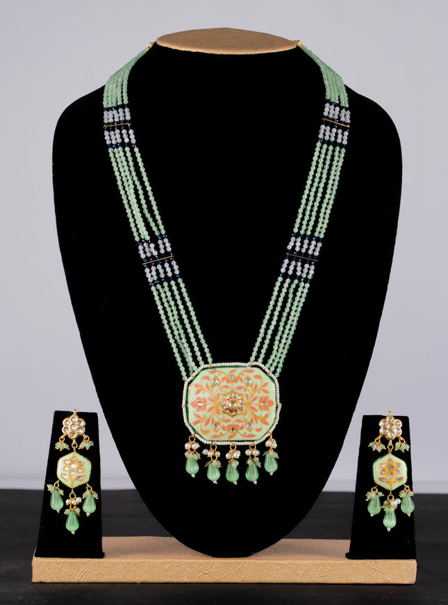 Jaipur crystal beaded light green mid length necklace with minakari pendant and hangings