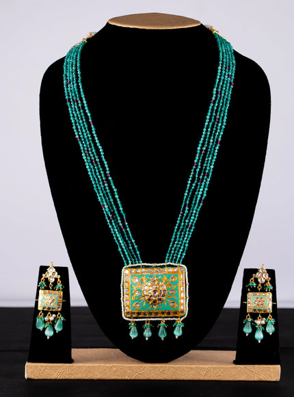 Jaipur crystal beaded teal green mid length necklace with minakari pendant and hangings