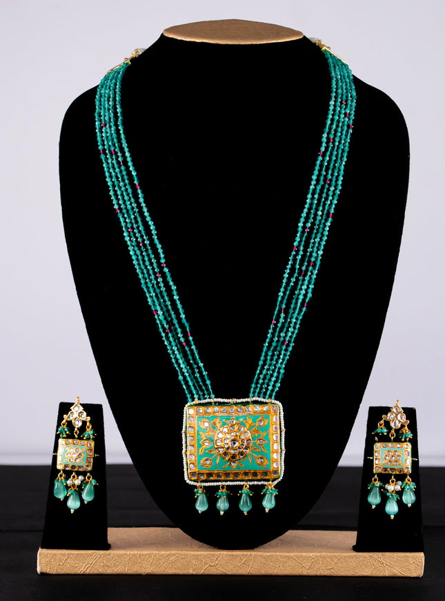 Jaipur crystal beaded teal green mid length necklace with minakari pendant and hangings
