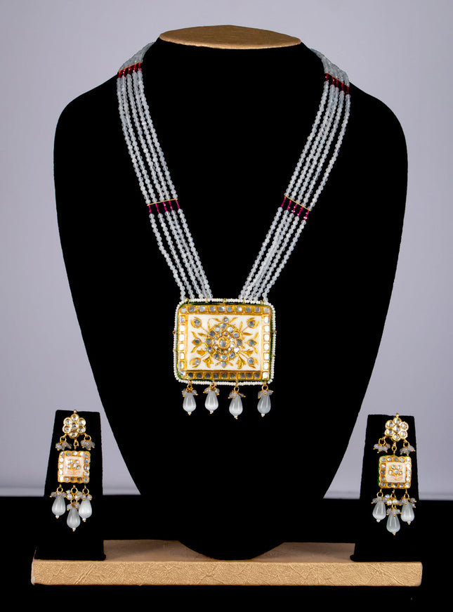 Jaipur crystal beaded off white mid length necklace with minakari pendant and hangings