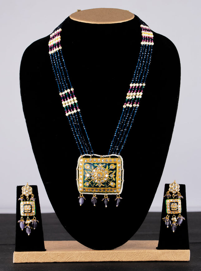 Jaipur crystal beaded blue mid length necklace with minakari pendant and hangings