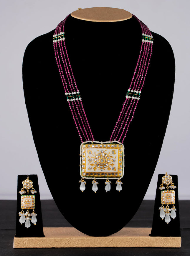 Jaipur crystal beaded pink mid length necklace with minakari pendant and hangings