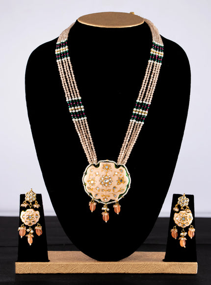 Jaipur crystal beaded peach mid length necklace with minakari pendant and hangings