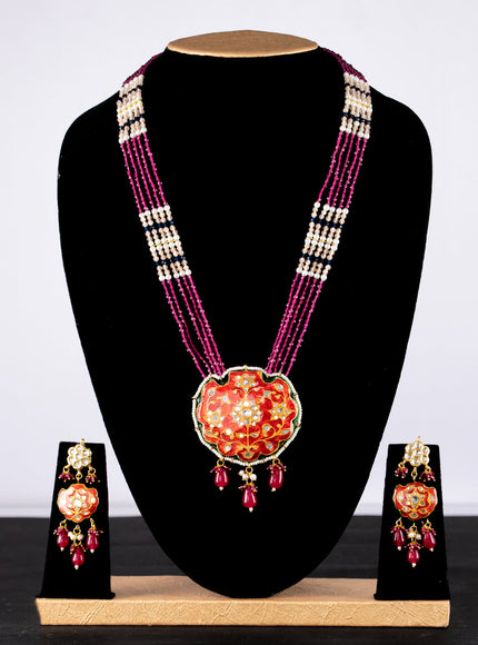 Jaipur crystal beaded pink mid length necklace with minakari pendant and hangings