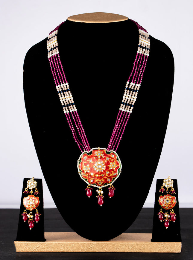 Jaipur crystal beaded pink mid length necklace with minakari pendant and hangings