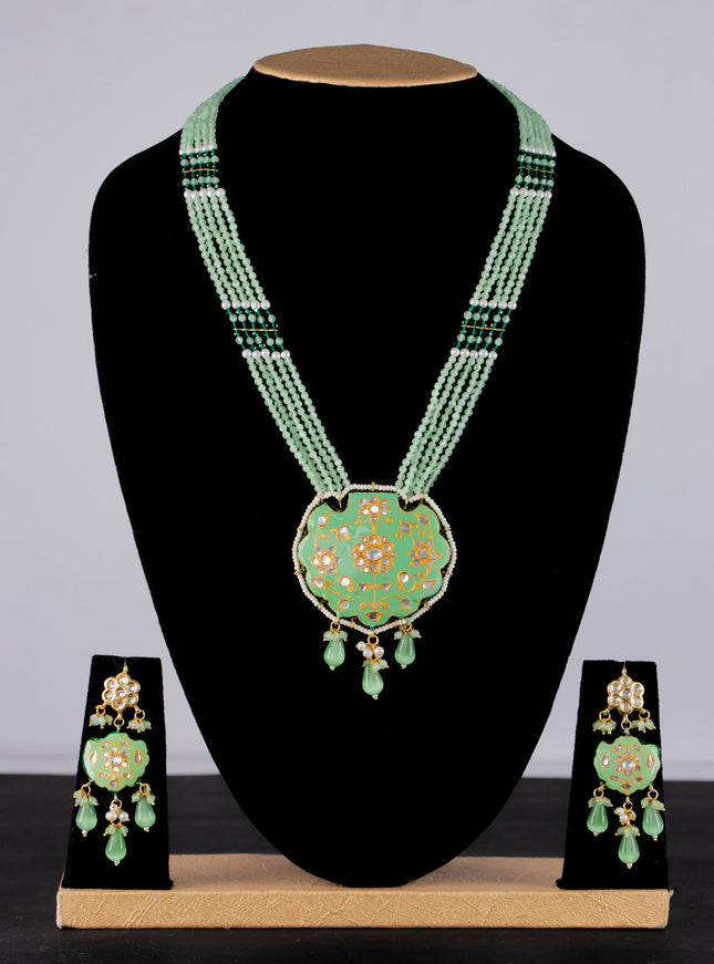 Jaipur crystal beaded light green mid length necklace with minakari pendant and hangings