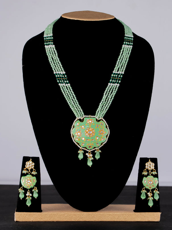 Jaipur crystal beaded light green mid length necklace with minakari pendant and hangings