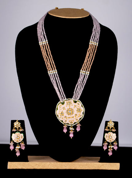 Jaipur crystal beaded baby pink mid length necklace with minakari pendant and hangings