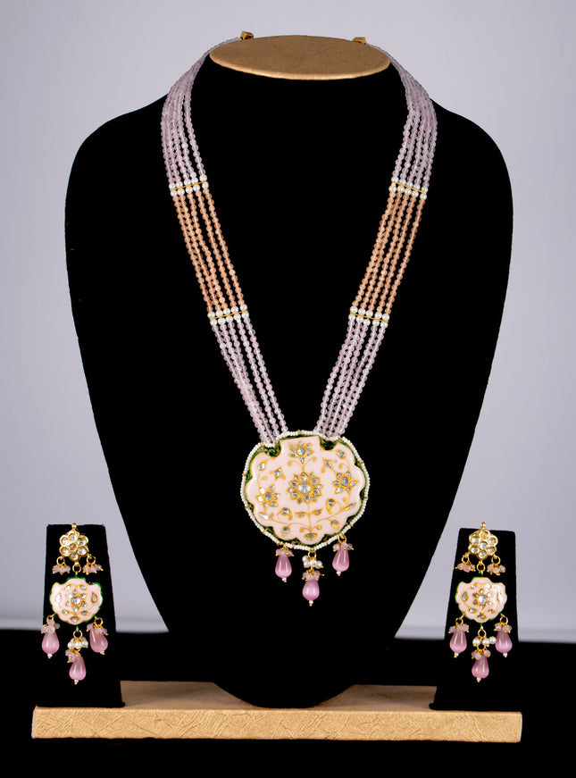 Jaipur crystal beaded baby pink mid length necklace with minakari pendant and hangings