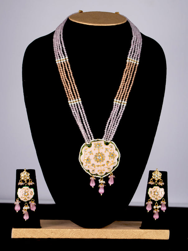 Jaipur crystal beaded baby pink mid length necklace with minakari pendant and hangings