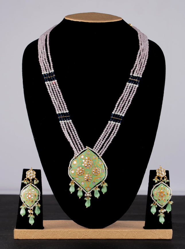 Jaipur crystal beaded baby pink mid length necklace with minakari pendant and hangings