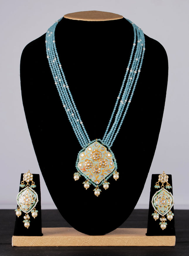 Jaipur crystal beaded blue mid length necklace with minakari pendant and hangings
