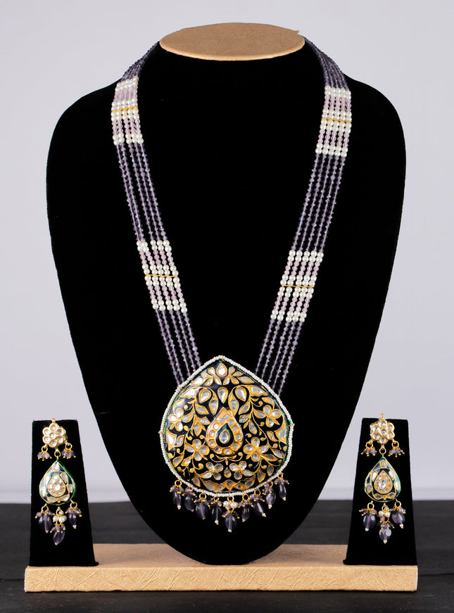Jaipur crystal beaded grey mid length necklace with minakari pendant and hangings