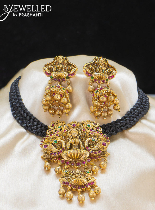 Black thread necklace kemp stone with lakshmi pendant and golden beads hangings