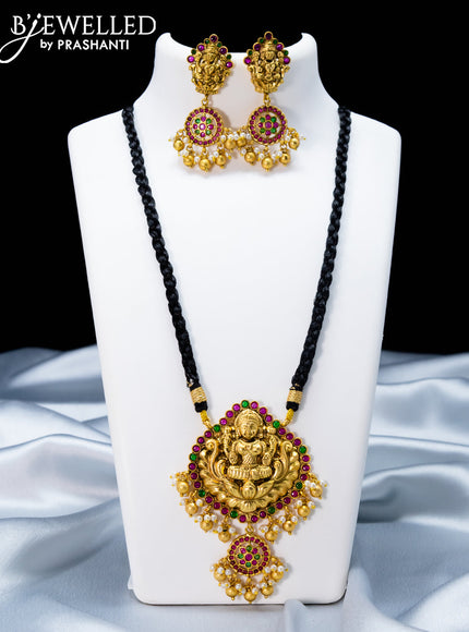 Black thread necklace with kemp stone and lakshmi pendant