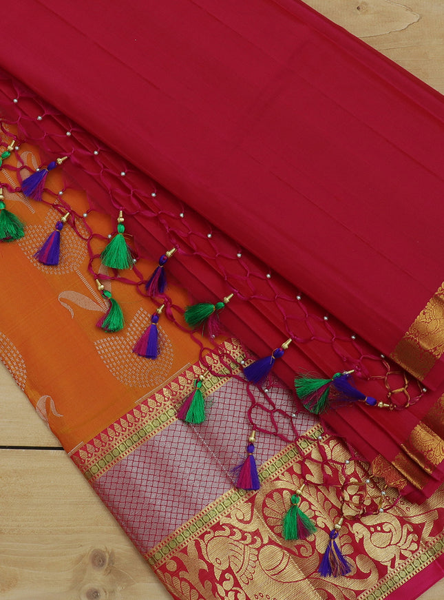 Pure silk half saree mango orange with allover silver zari floral buttas and contrast dark pink blouse & Dupatta
