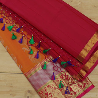Pure silk half saree mango orange with allover silver zari floral buttas and contrast dark pink blouse & Dupatta