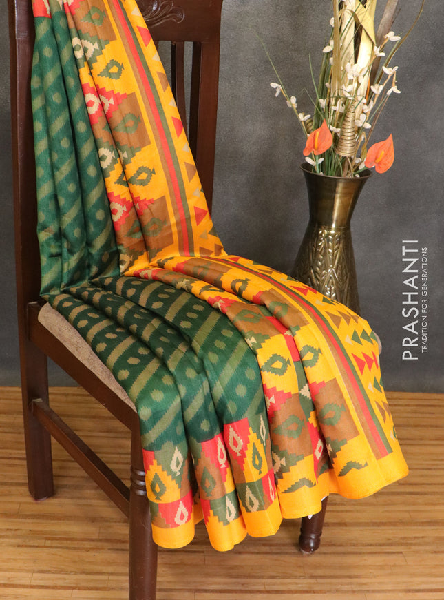Brasso saree green and yellow with allover weaves and woven border