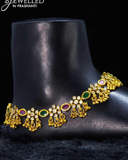 Antique anklet kemp and cz stone with golden beads hanging - {{ collection.title }} by Prashanti Sarees