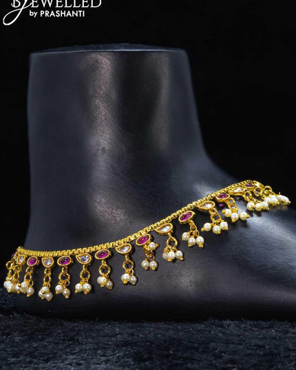 Antique anklet with pink kemp stone and pearl hangings - {{ collection.title }} by Prashanti Sarees