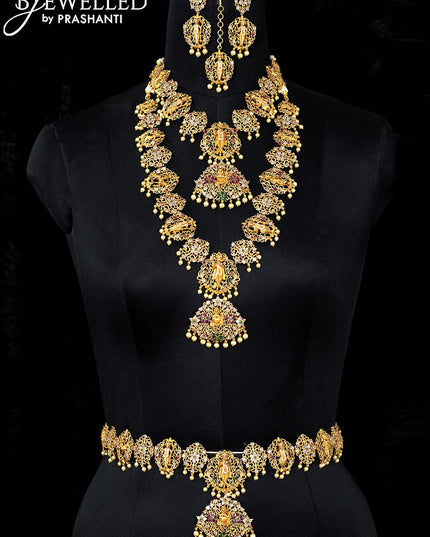 Antique bridal set dasavatar design kemp and cz stone with pearl hangings - {{ collection.title }} by Prashanti Sarees