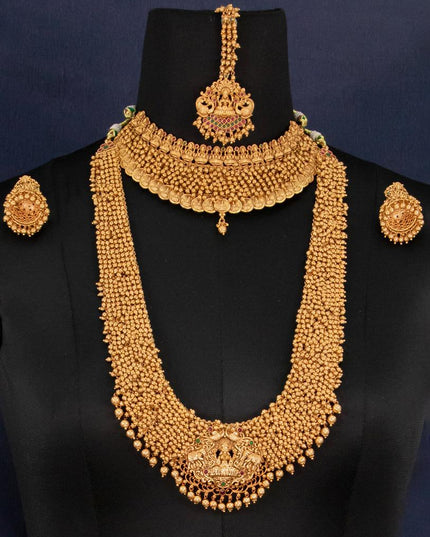 Antique bridal set lakshmi design with kemp stones and golden beads hanging - {{ collection.title }} by Prashanti Sarees