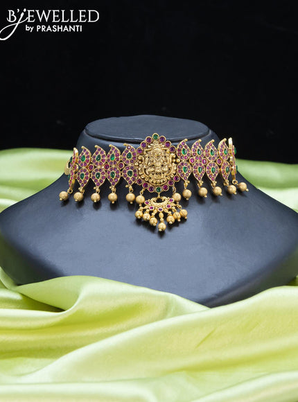 Antique choker lakshmi pendant with kemp stone and golden beads hangings - {{ collection.title }} by Prashanti Sarees