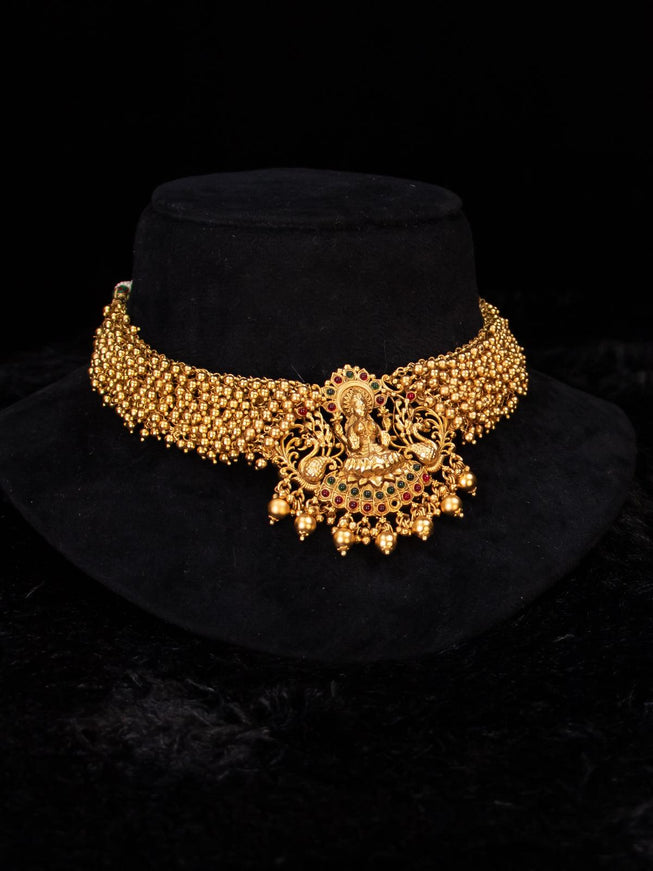 Antique gold bead necklace with lakshmi pendant - {{ collection.title }} by Prashanti Sarees