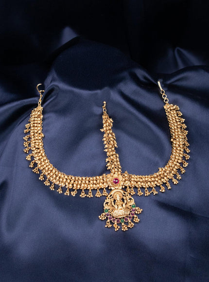 Antique gutta pusalu lakshmi design maang tikka with pink and green kemp stone - {{ collection.title }} by Prashanti Sarees