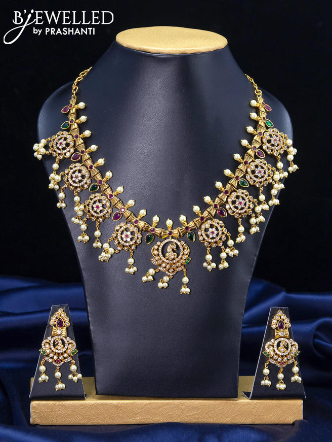 Antique guttapusalu floral design necklace with kemp stones - {{ collection.title }} by Prashanti Sarees