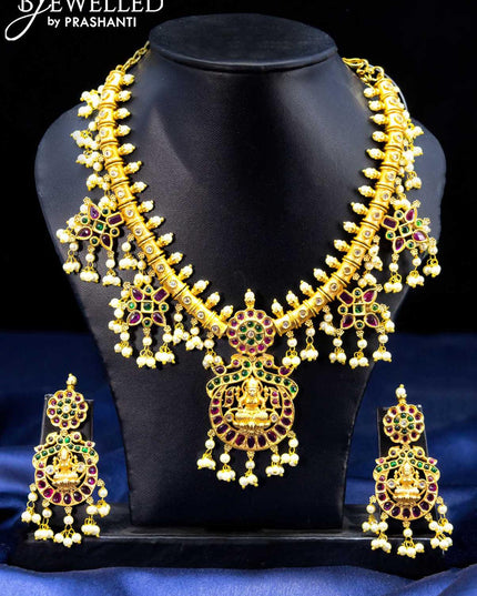 Antique guttapusalu lakshmi design necklace with kemp stone and pearl hangings - {{ collection.title }} by Prashanti Sarees