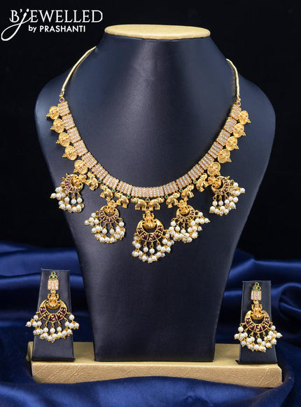 Antique guttapusalu lakshmi design necklace with kemp stones - {{ collection.title }} by Prashanti Sarees