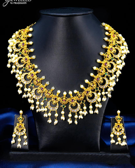 Antique guttapusalu necklace chandbali design kemp and cz stones with pearl hangings - {{ collection.title }} by Prashanti Sarees