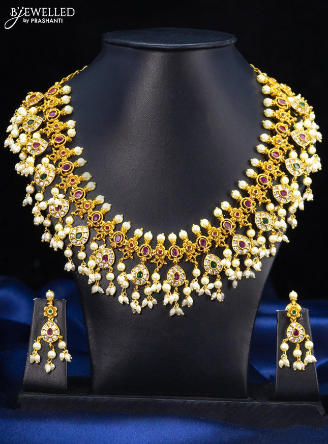 Antique guttapusalu necklace floral design kemp and cz stones with pearl hangings - {{ collection.title }} by Prashanti Sarees