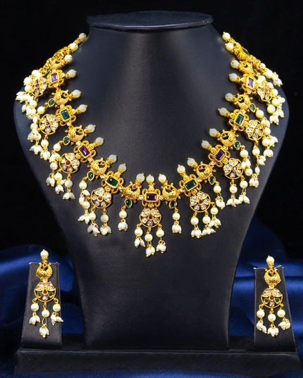Antique guttapusalu necklace floral design kemp and cz stones with pearl hangings - {{ collection.title }} by Prashanti Sarees