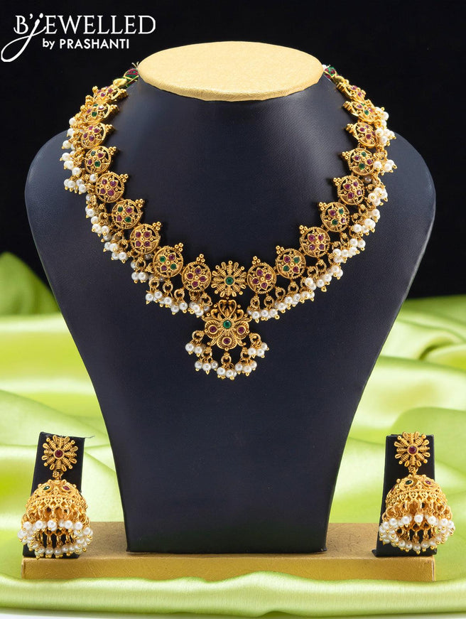 Antique guttapusalu necklace floral design with kemp stones and pearl hangings - {{ collection.title }} by Prashanti Sarees