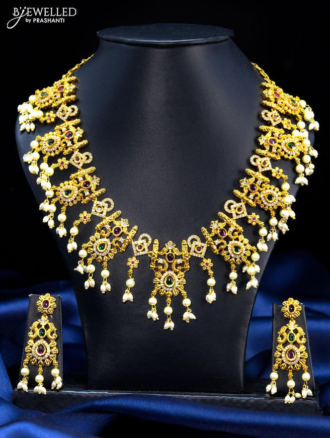 Antique guttapusalu necklace kemp and cz stone with pearl hangings - {{ collection.title }} by Prashanti Sarees