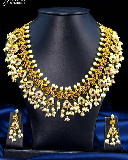 Antique guttapusalu necklace kemp and cz stone with pearl hangings - {{ collection.title }} by Prashanti Sarees