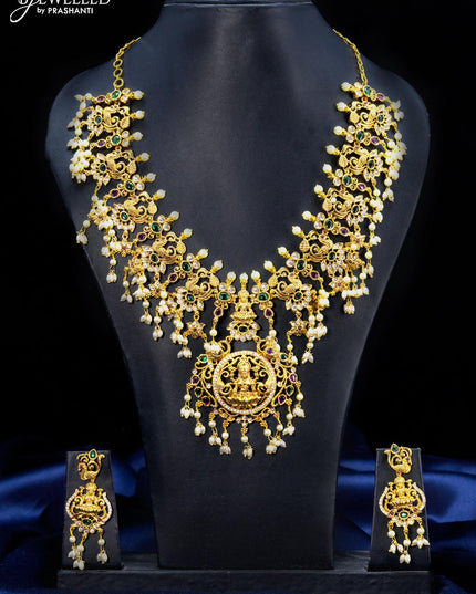 Antique guttapusalu necklace kemp stones with lakshmi pendant and pearl hangings - {{ collection.title }} by Prashanti Sarees
