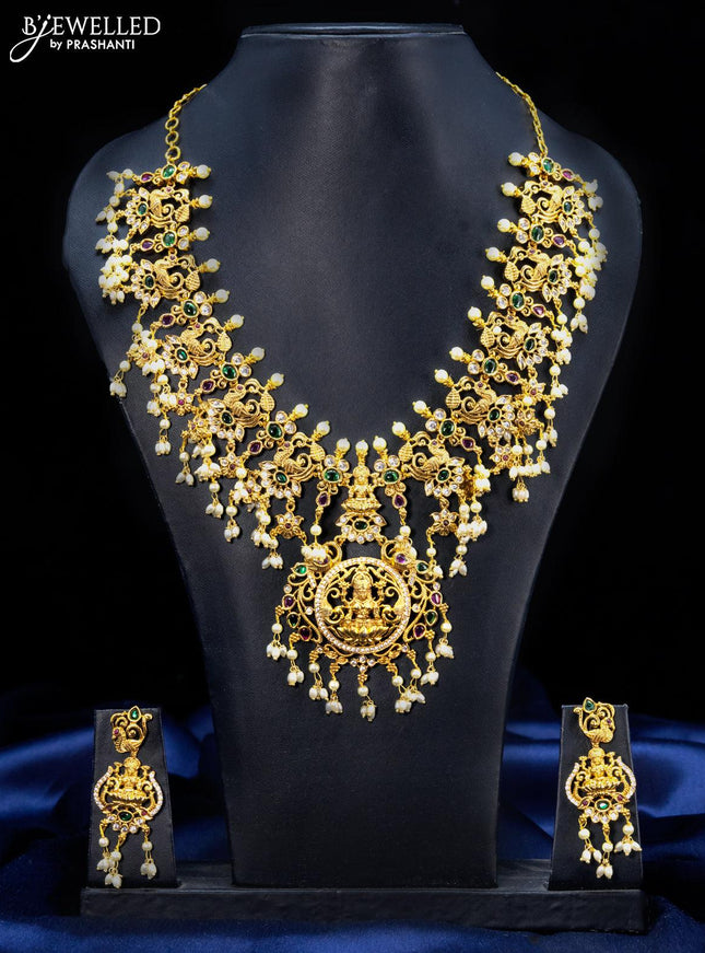 Antique guttapusalu necklace kemp stones with lakshmi pendant and pearl hangings - {{ collection.title }} by Prashanti Sarees