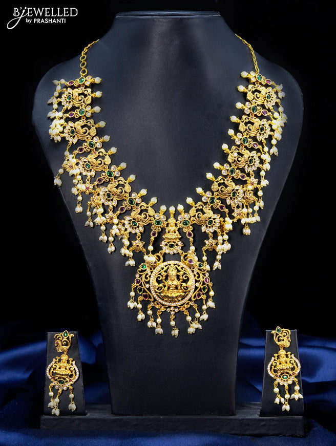Antique guttapusalu necklace kemp stones with lakshmi pendant and pearl hangings - {{ collection.title }} by Prashanti Sarees