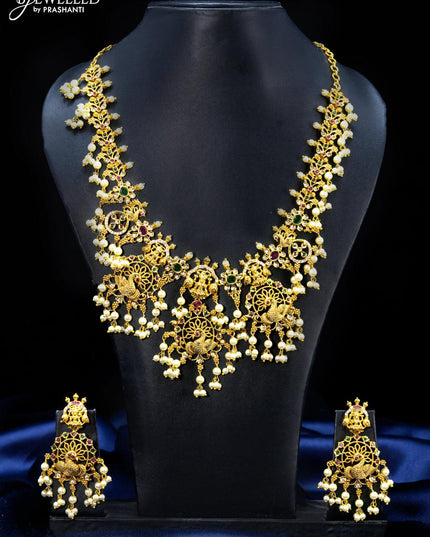 Antique guttapusalu necklace lakshmi design kemp and cz stones with pearl hangings - {{ collection.title }} by Prashanti Sarees