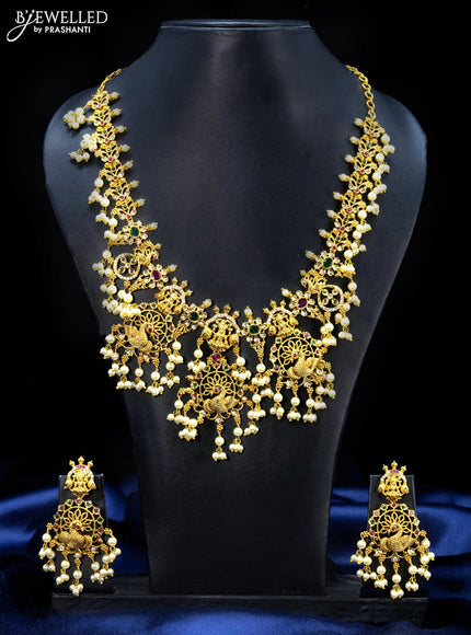 Antique guttapusalu necklace lakshmi design kemp and cz stones with pearl hangings - {{ collection.title }} by Prashanti Sarees