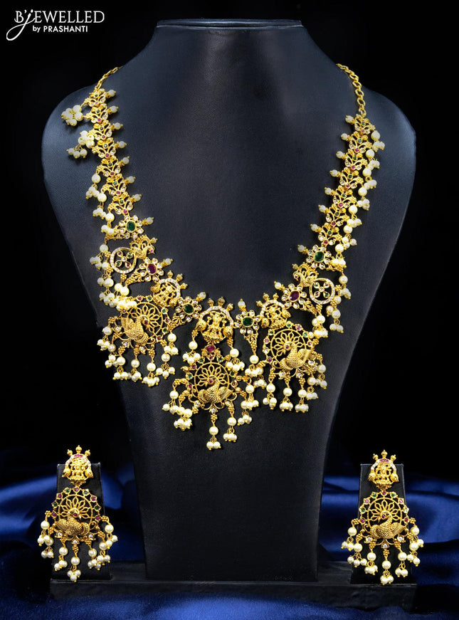 Antique guttapusalu necklace lakshmi design kemp and cz stones with pearl hangings - {{ collection.title }} by Prashanti Sarees