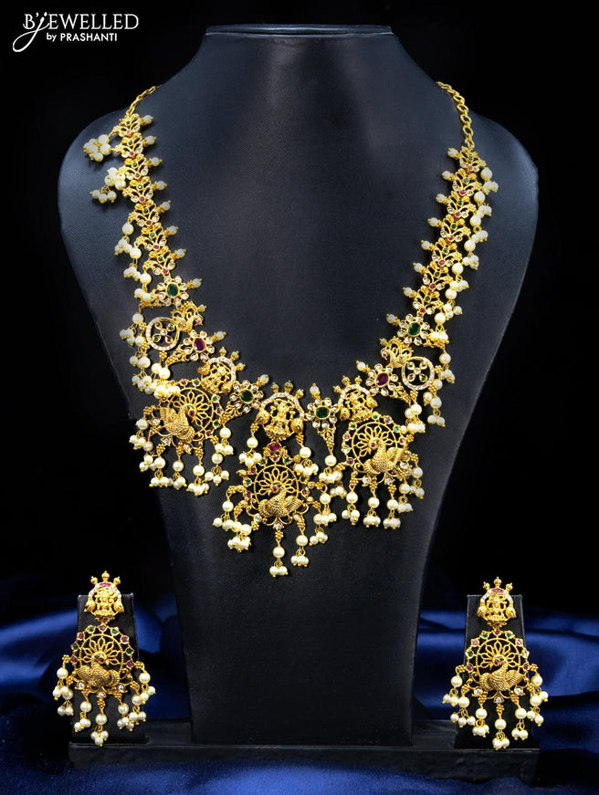 Antique guttapusalu necklace lakshmi design kemp and cz stones with pearl hangings - {{ collection.title }} by Prashanti Sarees
