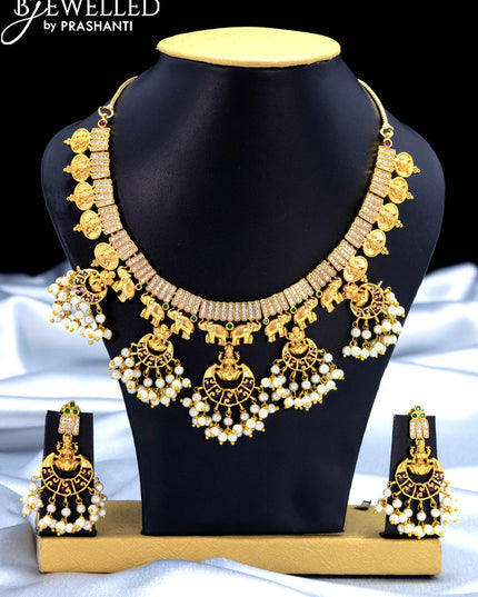 Antique guttapusalu necklace lakshmi design with kemp stone and pearl hangings - {{ collection.title }} by Prashanti Sarees