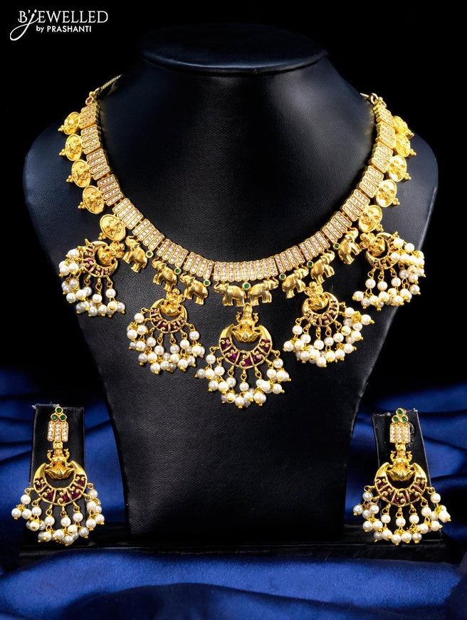 Antique guttapusalu necklace lakshmi design with pink kemp stone and pearl hangings - {{ collection.title }} by Prashanti Sarees